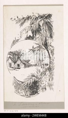 Banddesign für: Thérèse Hoven, in Sarong und Kabaai, 1892-1894, Anonym, Willem Wenckebach, in oder vor 1892 - ca. 1894 fotomechanischer Druck in einem Kreis, Gesicht auf vier Häusern in einer Landschaft in Niederländisch-Indien. Rund um den Kreis Palmen und ein gefiederter Sarong. Papier. Pappdruck Blocklandschaften in der nicht gemäßigten Zone, exotische Landschaften. Bäume: Palmen. Vorhänge, drapierte Kleidung, 'Gewandgebung' Niederländisch-Indien, die Stockfoto