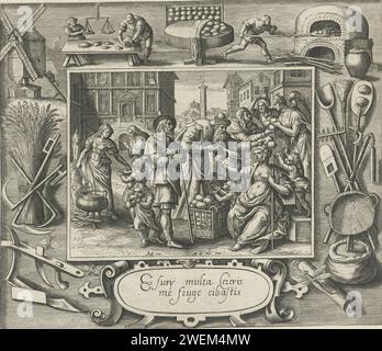 The Hungry Spicycles, Crispijn van de Passe (I), nach Maerten de Vos, 1580–1588 Druck Frauen und Kinder verteilen Brot an die Armen. Der Druck hat einen Zierrand, der mit allem, was man zum Brotbacken in einer Bäckerei braucht, verziert ist. Druck aus einer Serie von acht mit dem Jüngsten Gericht und den sieben Werken der Gnade. Papierstich Fütterung der Hungrigen, 'esuriens cibatur'  eine der (sieben) Akte der Barmherzigkeit. baker (+ Arbeiter  Handwerk, Industrie, Landwirtschaft) Stockfoto