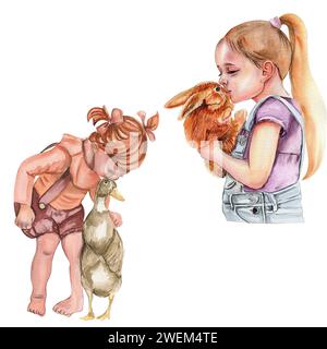 Mädchen mit einem Tier. Aquarellillustration für Karten, Hintergründe, Scrapbooking. Cartoon Hand gezeichneter Hintergrund mit Blume für Kinder Design. Perfekt f Stockfoto