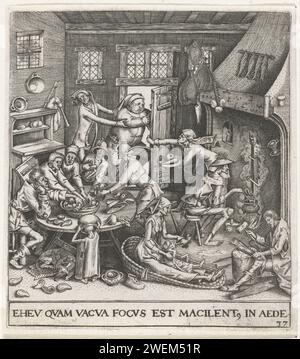 De Magere Keuken, Johann Theodor de Bry, nach Pieter van der Heyden, nach Pieter Bruegel (I), 1596 Print Eine arme Familie von mageren Bauern isst in einer Küche. Das Essen besteht aus Rüben und leeren Schalen. Im Vordergrund eine Frau mit Kind in einem Geburtsort. Ein fetter Bauer ist an der Tür ausgearbeitet. Auf "die schlanke Küche" von Bruegel. Papiergravur Küche-Innenraum. Stillstuhl (Niederländisch: „Bakermat“) Stockfoto