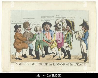 Cartoon on the Peace of Amiens, 1802, Piercy Roberts, nach George Moutard Woodward, 1802 Print Cartoon on the Peace of Amiens between Great Britain and France, einschließlich der Batavian Republic, 27. März 1802. Die europäischen Länder tanzen zur Musik Napoleons. Von links nach rechts: Niederlande (Batavische Republik), Russland, Deutschland, England (John Bull), Spanien, Türkei und Preußen. Papierätzung politischer Karikaturen und Satiren. Gruppentanz. Personifizierungen von Ländern, Nationen, staaten, Bezirken usw. Stockfoto