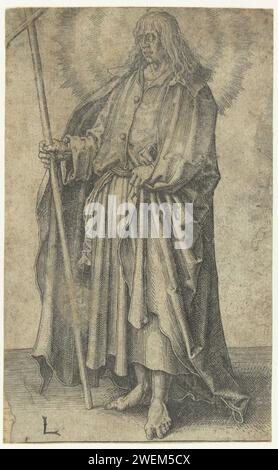 The Apostel Philippus, Lucas van Leyden, 1508 - 1512 Druckpapier mit dem Stich des Apostels Philipp; mögliche Attribute: Buch, Kreuz, Schüssel mit Schlange, Lanze, Scroll, Stein, Schwert Stockfoto