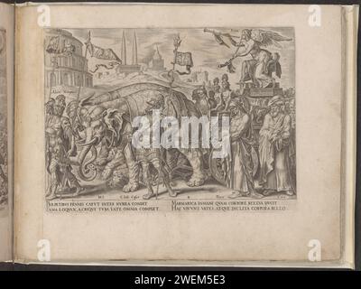 Triumph of the Fame, 1563 - 1567 Print The Winged Fame (fama) bläst auf ihre beiden Trompeten. Zum Beispiel verkündet sie den Ruhm von Feldherren und Philosophen aus der Vergangenheit. Alexander der große, Julius Cäsar, Cato und Plato laufen in ihrer Prozession. Die Räder ihres Autos sind mit Zungen, Ohren und Augen verziert, um den Ruhm zu verbreiten. Faam überwindet den Tod; Er wird kläglich unter den Beinen der Elefanten zerquetscht. Im Hintergrund befinden sich zwei Obelisken, Denkmäler, die zu Ehren berühmter Persönlichkeiten errichtet wurden. Unter der Aufführung ein erläuternder Text in lateinischer Sprache. Dieser Ausdruck ist Teil eines Albums. pape Stockfoto