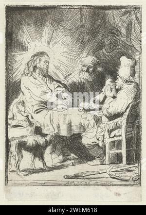 Christus bei Emmaus: Die kleinere Platte, Anonym, nach Rembrandt van Rijn, 1636 Druckpapier Ätzen das Abendmahl bei Emmaus: Christus wird beim Segen oder Brechen des Brotes erkannt Stockfoto