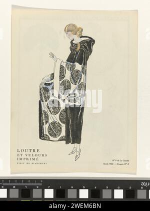 Gazette du Bon Ton, 1922 - No. 9: Otter und bedruckter Samt / Bianchini Stoff, Anonym, 1922 Fluwelen Avondmantel Mets Bont Van Bianchini. No II II Sketch Gazette of the Bön Tone 1922, No. 9. Uitleg over von Kleding OP Pagina 'Recto of Skizzenseiten. In dieser Broschüre enthalten (Modelle für Gazetten). Papier Buchdruck, der Modeplatten druckt. Mantel (ABENDMANTEL) (+ Damenkleidung). Ring (+ Damenkleidung) Stockfoto