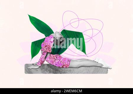 Horizontale konzeptuelle Fotocollage mit Harmony Girl, das über grüne Pflanzen meditiert, Hintergrundverbindung mit Natur Vitalität Wellness Stockfoto