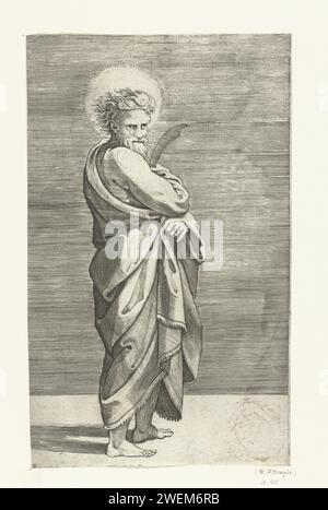 Apostel Bartolomeüs traf MES, Marco Dente, nach Marcantonio Raimondi, nach Rafaël, 1517–1527 Druckpapier mit dem Stich des Apostels Bartholomäus; mögliche Attribute: Buch, Teufel oder Drache zu Füßen, Messer, Rolle, abgeflachte Haut, Stab Stockfoto