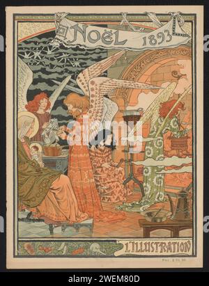 Cover für die Weihnachtsausgabe 1893 von „L'Illustration“, Anonym, nach Eugène Grasset, Druck 1893. Fotomechanischer Druck Maria mit Kind in einer Küche, in der vier Engel Essen zubereiten. Papier Buchdruck / Druckblock Bucheinband, Bindung. Wöchentlich, monatlich, Magazin usw. Weihnachten (nicht-liturgische Feier) Stockfoto