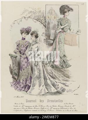 Journal des Demoiselles, 1. März 1902, Nr. 5271: Toiletten von Mmes Forcillon (...), 1902 Eine Frau und eine Braut im Brautkleid mit Schlaf sind Hand in Hand auf einem Bid-Stuhl. In einem anderen Rahmen eine Frau in einem Kleid mit Blumenmuster und Gürtel. In der Hand eine Tasche. Ein Kirchenfenster im Hintergrund. Laut der Überschrift: "Toiletten" von Mmes Forcillon Soeurs. Korsetts von Emma Guelle. Stoffe von der Firma Roullier Fres. Parfümerie von Houbigant. Veloutine aus Fay. Druck aus dem Modemagazin Journal des Demoiselles (1833-1922). Papierteller. Kleid, Kleid (+ Damenkleidung). Kopf- Stockfoto