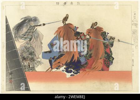 Szene aus dem Noh-Theaterstück 'Ikkaku Sennin', Tsukioka Kôgyo, 1901 Printdarsteller in der Rolle des Einsiedlers Ikkaku, mit wilder grauer Perücke, sein Schwert fokussiert auf zwei Figuren mit langen roten Perücken mit Kopfbedeckung auf dem Drachen. Papier. Bronze-Puderfarbe Holzschnitt Gruppe von Schauspielern, Truppe; Schauspieler auf der Bühne. Hacker- und Schubwaffen: Schwert Stockfoto