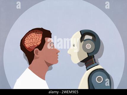 Roboter und Mann mit exponiertem Gehirn von Angesicht zu Angesicht im Rampenlicht, Mensch vs. Künstliche Intelligenz Stockfoto