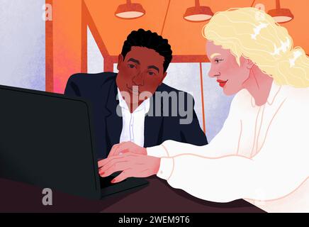 Geschäftsleute, die bei Besprechungen im Büro am Laptop zusammenarbeiten Stockfoto