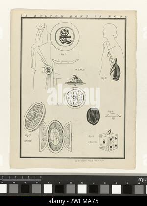 Eine Zeitung mit gutem Ton. Art -Modes & Frivolités, 1922 - No. 9: The Button in Fashion, Anonym, 1922 ZES Modieuze Knopen, van Ivoor, Emaille of Lak. No IV sketch uit Gazette du Bon tone 1922, No. 9. Uitleg Over von Knopen op Pagina 'Beschreibung und Erklärung von Einsätzen und Skizzierseiten. Papier Buchdruck, der Modeplatten druckt. Knopf (+ Damenbekleidung) Stockfoto