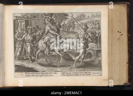 Frau aus Sunem fährt auf einem Esel nach Elisa, Hans Collaert (I), nach Maerten de Vos, 1646 Druck die Frau aus Sunem fährt auf einem Esel zum Propheten Elisa. Ihr Mann ist am Tor. Im Hintergrund rechts bittet sie den Propheten um Hilfe, weil ihr Sohn gestorben ist. Unter der Ausstellung ist ein Hinweis auf den Bibeltext in 2 Kon in lateinischer Sprache zu sehen. 4:24 Uhr. Dieser Ausdruck ist Teil eines Albums. Die Shunammite-Frau reitet mit ihrem Esel nach Elisha, beugt sich vor ihm nieder und hält seine Füße fest und bittet ihn, mit ihr zu kommen Stockfoto