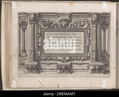 Denkwürdiges Neues Testament im Tempel der Ökonen dreizehn angenehm und eleganteste, 1570 - 1574 gedruckte architektonische Titelausgabe für eine Serie von 13 Drucken mit Ereignissen aus dem Neuen Testament, die im und um den Tempel stattfinden. Dieser Ausdruck ist Teil eines Albums. Aus architektonischen Details abgeleitete Papierstich-Ornamente Stockfoto