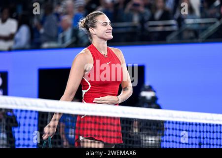 Paris, Frankreich. Januar 2024. Aryna Sabalenka während des Australian Open AO 2024 Grand Slam Tennis Turniers am 25. Januar 2024 im Melbourne Park, Australien. Quelle: Victor Joly/Alamy Live News Stockfoto