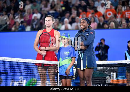 Paris, Frankreich. Januar 2024. Aryna Sabalenka während des Australian Open AO 2024 Grand Slam Tennis Turniers am 25. Januar 2024 im Melbourne Park, Australien. Quelle: Victor Joly/Alamy Live News Stockfoto