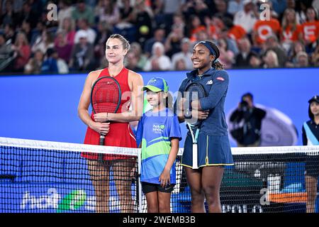 Paris, Frankreich. Januar 2024. Aryna Sabalenka während des Australian Open AO 2024 Grand Slam Tennis Turniers am 25. Januar 2024 im Melbourne Park, Australien. Quelle: Victor Joly/Alamy Live News Stockfoto