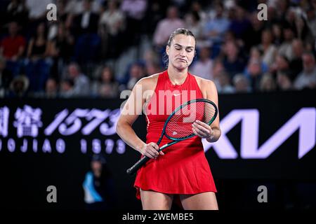 Paris, Frankreich. Januar 2024. Aryna Sabalenka während des Australian Open AO 2024 Grand Slam Tennis Turniers am 25. Januar 2024 im Melbourne Park, Australien. Quelle: Victor Joly/Alamy Live News Stockfoto