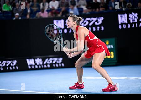 Paris, Frankreich. Januar 2024. Aryna Sabalenka während des Australian Open AO 2024 Grand Slam Tennis Turniers am 25. Januar 2024 im Melbourne Park, Australien. Quelle: Victor Joly/Alamy Live News Stockfoto