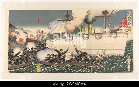 Der große Sieg der japanischen Armee bei der Seeschlacht in der Nähe des Yalu-Flusses, 1894 gedruckte japanische Marines segeln in Sloops in Richtung Land nahe der Mündung des Yalu-Flusses in Korea. Chinesische Soldaten stürzen ins wilde Wasser. Die Seeschlacht in der Nähe des Yalu-Flusses ist auch bekannt als die Schlacht am Gelben Meer am 17. September 1894, während des Ersten Chinesisch-Japanischen Krieges (1894–1895). Papierfarbe Holzschnitt / Polierkampf (+ Marinekraft). Ruderboot, Kanu usw. Korea Stockfoto