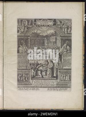 Sakrament van Priestoeding, 1576 Druck das Sakrament des Priesters Dustination. In der Mitte eine Darstellung von zwei Männern, die einem Priester geweiht sind. Im Hintergrund das Letzte Abendmahl links und rechts Paul und Barnabas, die älteste in einer Gemeinde ernennen. Um Darbietungen von Bibelgeschichten, die mit dem hingebungsvollen Leben zu tun haben. Oben links vom Priester und König Melchisedek, oben rechts die Weihe von Aaron zum Hohepriester, unten links die Weihe der Leviten und unten links Aaron und seine Söhne. König David und Paul links und rechts. In der Aufführung verschiedene Bibel Stockfoto