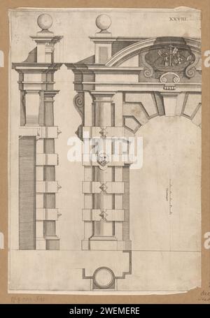 Teil des Tores des Rathauses von Delft, Anonym, um 1670 - um 1730 Druck Architekturdetail des Tores des Rathauses von Delft. Oben rechts nummeriert: 28. Papierätzung/Gravur architektonischer Details. stadthalle. Tor, Eingang Rathaus Stockfoto