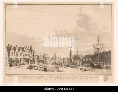 Ansicht eines Teils des Hafens von Vlaardingen, Jan Caspar Philips, nach Cornelis Pronk, 1747 - 1775 Drucken Ansicht eines Teils des Hafens von Vlaardingen, von der Westhavenkade im Norden gesehen. Im Vordergrund und links die Westhavenplaats mit dem überdachten Fischmarkt links im Hintergrund. In der Mitte im Hintergrund die Hafenbrücke mit dem Hafenkran dahinter. Rechts vom Wasser die Oosthavenkade. Papierätzung / Gravur Hafen. Dockkran. Kanäle, Gewässer (in der Stadt). Brücke in der Stadt über Fluss, Kanal usw. Markthalle Vlaardingen Stockfoto