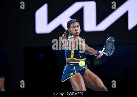 Melbourne, Australie. Januar 2024. Cori Coco Gauff während des Australian Open AO 2024 Grand Slam Tennis Turniers am 25. Januar 2024 im Melbourne Park, Australien. Foto Victor Joly/DPPI Credit: DPPI Media/Alamy Live News Stockfoto