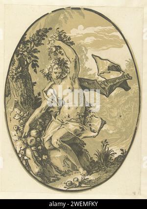 Proserpina, Hendrick Goltzius, 1588 - 1590 Druck die Göttin Proserpina, sitzt an einem Baum, Früchte und Blumen in den Händen. Dieser Druck ist Teil einer Serie von sieben ovalen Drucken klassischer Götter und Göttinnen. Beitrag Proserpina (Persephone, Core), Libera Stockfoto