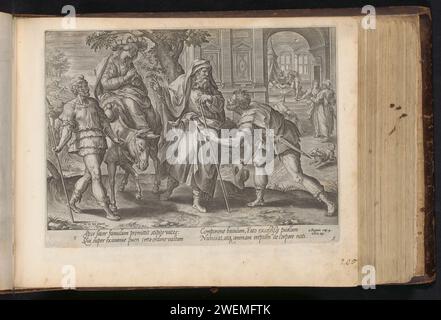 ELISA schickt seinen Diener Schazi Vooruit, Hans Collaert (I), nach Maerten de Vos, 1646 Print Elisa reist mit der Frau aus Sunem, die auf einem Esel sitzt, zu ihrem Haus, wo ihr verstorbener Sohn ist. ELISA schickt seinen Diener Schazi mit Elisas STAF voran. Im Hintergrund setzt Schhazi das Personal auf den Jungen, aber er gibt kein Lebenszeichen. Unter der Ausstellung ist ein Hinweis auf den Bibeltext in 2 Kon in lateinischer Sprache zu sehen. 4:29. Dieser Ausdruck ist Teil eines Albums. Gehazi wird mit Elishas Stab ins Haus geschickt; er versucht erfolglos, das Kind der Shunammite-Frau wiederzubeleben Stockfoto
