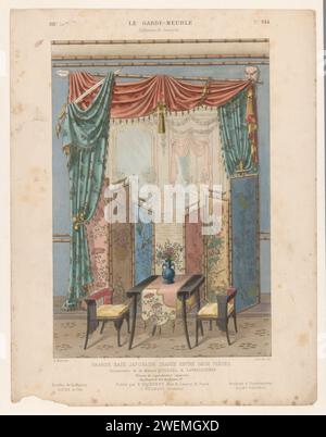 Pässe mit Vorhängen, Léon Laroche, nach Eugène MAINCEN, ca. 1885 - ca. 1895 Drucken großer Durchgang zwischen zwei Räumen mit Tisch, Stühlen, Raumschirmen und Vorhängen im japanischen Stil. Drucken Sie aus dem 318. Livraison. Papierbehänge und Vorhänge. Dekorationen (Innenraum des Hauses). Bildschirm, klappbarer Bildschirm Stockfoto