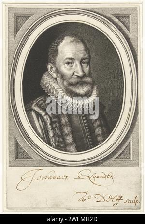 Porträt von Johannes Polyander van Kerkhoven im Alter von 51 Jahren, Willem Jacobsz Delff, nach Michiel Jansz van Mierevelt, 1619 Druck Porträt von Johannes Polyander van Kerkhoven im Alter von 51 Jahren, Bruststück mit Mühlenkragen und Kleid im ovalen Rahmen. Papiergravur Stockfoto