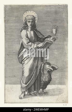 Apostel Johannes de Evangelist mit Miskelk und Adler, Marcantonio Raimondi, nach Rafaël, 1517 - 1527 Druckpapier mit dem Stich des Apostels Johannes des Evangelisten; mögliche Attribute: Buch, Kessel, Kelch mit Schlange, Adler, Handfläche, Bildlauf Stockfoto