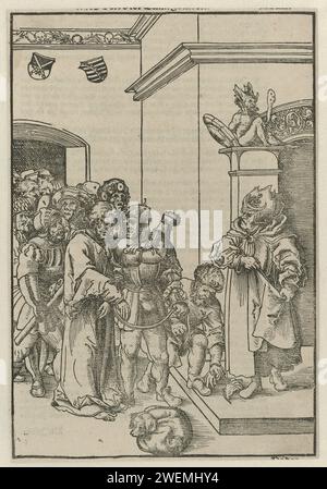 Christ for Caiphas, 1540 Auflage Vierter Druck aus einer Serie von 14 mit der Leidenschaft, verwendet im Passionsbuch. Auf der rechten Seite befindet sich Caiphas. Auf der linken Seite wird Christus von einer Gruppe von Soldaten in den Abgang geführt. Da ist ein Hund im Vordergrund. Oben links zwei Wappen. Papier Christus vor dem Sanhedrin mit Kaiphas als Hohepriester und möglicherweise Annas; vielleicht ein Soldat, der Christus schlagen will, weil er schweigt (Matthäus 26:57-66; Markus 14:53-64; Lukas 22:54, 22:66-71) Stockfoto