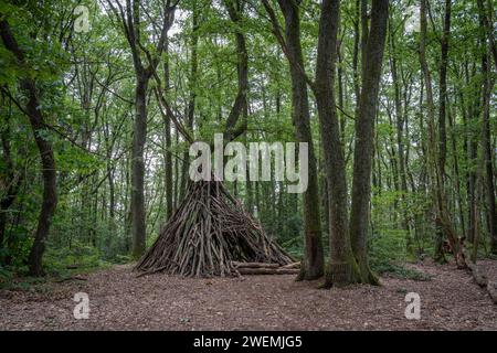 Blick auf ein hölzernes Tipi im Wald Bois de Serre, Waldrand Stockfoto