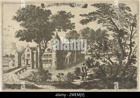 Ansicht von Huis in Blotinghe in Rijswijk, Cornelis Elandts, 1663 - 1670 Print Ansicht von Huis in Blotinghe in Rijswijk. Im Vordergrund, bei einer Baumparty, reden zwei Männer miteinander. In der Luft eine Banderole mit dem Titel des Abdrucks. Diese Burg wurde zwischen 1590 und 1715 von Mitgliedern der Familie de Nobelaer bewohnt, von denen einige den Titel Lord van Klinkland trugen. Papierätzburg. Landschaft mit Turm oder Schloss Haus in Blotinghe Stockfoto