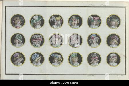 Store of New French and English Modi, 30. Juli 1788, 3. Jahr, 26. Notizbuch, Pl. Einzigartig, A. B. Duhamel, nach Defraine, 1788 18 Medaillons mit „Coiffures“ (Frisuren) auf schwarzem Hintergrund. Der Druck ist Teil des 26. Cahier, 3. Année aus dem Magasin des Modes Nouvelles Francaises et Anglaises. Die Serie besteht aus 172 Modedrucken, die von Buisson, Paris, 20. November 1786 bis 21. Décembre 1789 veröffentlicht wurden. Papiergravur von Modetafeln. Friseurstile - AA -  Frauen Stockfoto