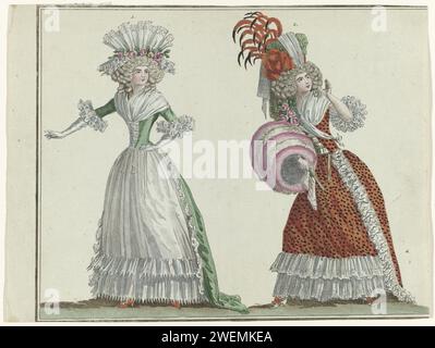 Fashion News, 1788 links eine Frau in einem apfelgrünen Kleid auf einem weißen Rock mit doppelter Falbala. Zubehör: Hut dekoriert mit einem Kranz aus Blumen, Fichu, lange Handschuhe. Rechts eine Frau in einer „grande parure“, bestehend aus einem Kleid und einem Rock aus Satin mit schwarzem Punktmuster, verziert mit Spitze. Zubehör: Hut mit Band und Federn, Pelzärmel, Fächer, Handschuh. Der Druck ist Teil des 10. Cahier, 3. Année, aus dem Magasin des Modes Nouvelles Francaises et Anglaises. Die Serie besteht aus 172 Modedrucken, die von Buisson, Paris, 20. November 1786 bis 21. Décembre 1789 veröffentlicht wurden. pape Stockfoto