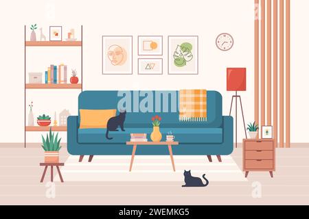 Gemütliches Innendesign für Zuhause. Wohnzimmereinrichtung. Vektorabbildung in abgewickelter Form Stock Vektor