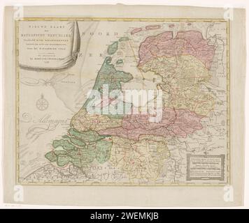 Karte der Batavischen Republik, 1798, 1798 drucken Karte der Batavischen Republik, aufgeteilt in acht Abteilungen, gemäß dem Gesetz der staatlichen Regulierung vom 23. April 1798. Titel Cartouche oben links. Rechts unten zwei Stöcke: Hollandsche Mylen oder Uuren Goers / Lieues d’Olande ou Heures de Chemin, gemein deutsch Mylen / Lieues communes d’Altemagne. Gradverteilung entlang der Kanten. Papier zum Ätzen/Gravieren von Karten von verschiedenen Ländern oder Regionen Niederlande Stockfoto