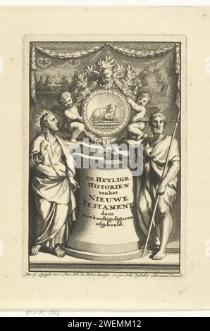 Allegory on the New Testament, Abraham de Blois, nach Gerard de Lairesse, 1651–1679 Druck Allegory on the New Testament with Glorification of the Lammes und das Buch mit sieben Stempeln auf einem Medaillon, das von zwei kleinen Engeln gehalten wird. Christus und Johannes der Täufer sind auf beiden Seiten des Podest mit dem Titel. Zwei kleine Szenen zeigen Episoden aus dem Neuen Testament: Das Letzte Abendmahl und die Taufe Christi im Jordaan von Johannes dem Täufer. Ein zweites Album mit einer anderen Titelseite wird auf das Magazin gedruckt. Papiergravur Christus. Johannes der Täufer; mögliche Attribute: Buch, Schilfkreuz, Taufe Stockfoto