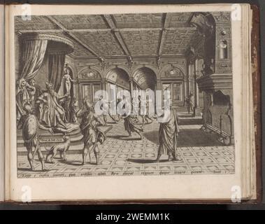 Daniël für König Nebukadnessar, 1579 Druck Daniël und drei weitere junge Israeliten werden König Nebukadnessar vorgestellt. Der König, links auf dem Thron, weist sie an, sie zu lehren, damit sie sich dem König anschließen können. Unter dem zeigen Sie dann einen Verweis auf den Bibeltext in lateinischer Sprache. 1. Print ist Teil eines Albums. Papierstiche Israeliten (meist vier) werden dem Prinzen der Eunuchen vorgeführt, weil König Nebukadnezar sie im Palast erziehen lassen will (Daniel 1) Stockfoto