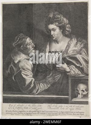 Titian und sein Maitrese, Lucas Vorsterman (I), nach Anthony Van Dyck, nach Titian, 1630–1644 drucken Titian als alten Mann, mit seiner Geliebten. Er legt ihr eine Hand auf den Bauch. Unten rechts ein Schädel. Papierätzung / Gravur Schädel als Symbol für 'Vanitas'. Alter Mann. Jugendliche, junge Frau, Jungfrau. Ungleiches Paar, ungleiches Paar Stockfoto