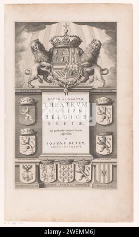Waffen des Habsburgerhauses und der belgischen Provinzen, 1649 - 1652 drucken in der Mitte den Titel des atlas auf einer Tafel. Etwa neun Wappen von neun belgischen Provinzen. An der Spitze ein gekröntes Wappen mit dem Wappen des Habsburgerhauses, flankiert von zwei Löwen. Papiergravur Wappenlager, Heraldik. Wappen (als Symbol des Staates usw.) Stockfoto