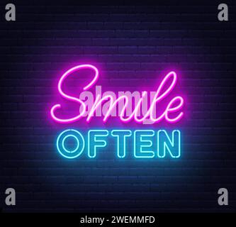 Lächeln Sie oft Neonbeschriftungen auf Backsteinmauern Stock Vektor