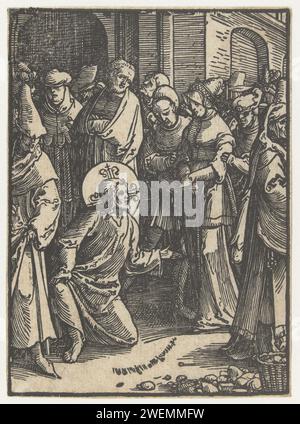 Christus und die ehebrecherische Frau, Lucas van Leyden (zugeschrieben), 1518–1522 Druckpapier Christ verweist auf oder schreibt auf den Boden. Buch, in dem Illustrationen wichtig sind Stockfoto