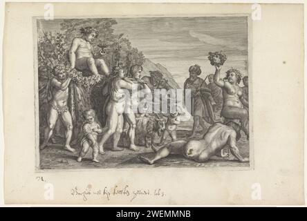 Triumphtour von Bacchus, ca. 1636–1670 Print Bacchus wird von seinen Anhängern unterstützt. Im Hintergrund wird der betrunkene Silenus auf seinem Esel von einem Satap gestützt. Vor Maenaden und Putti. Eine Figur gibt nach. Papierstich Triumph von Bacchus; "Carro di Bercco" (Ripa). (Geschichte von) Silenus Stockfoto