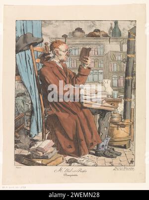 Buchhändler in einem Innenraum mit Ratten, Monogramm misser LM (Frankreich), 1817 Druck in einer Abreise, ein Buchhändler in Kleidung mit Löchern auf einem Stuhl kann vor einem Herd gelesen werden. Auf seinem Schoß, auf dem Boden und auf seinem Bett liegen Bücher. Während der Abfahrt gibt es Ratten, die nicht nur am Brot im Schrank nagen, sondern auch die Bücher anfangen. Papierheizung. Brillen, Brillen. In Lappen gekleidet. Buchhandlung, Buchhändler. Nagetiere: Ratte Stockfoto