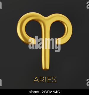 3D goldenes Sternzeichen Aries auf dunklem Hintergrund. Stock Vektor